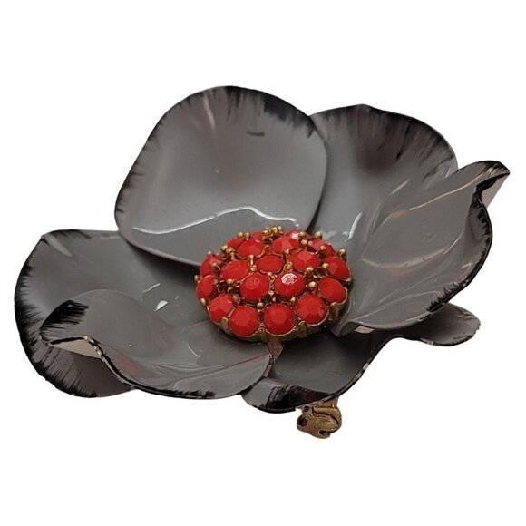 Vintage Scarlet Red Rhinestone And Gray Metal Flower Brooch Pin E650 - Picture 5 of 9